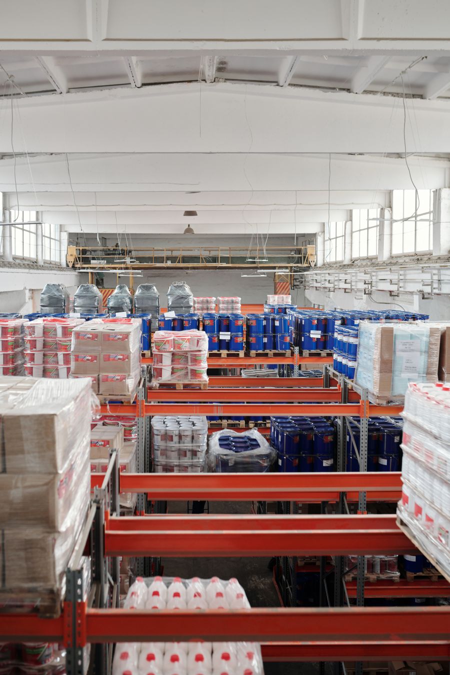 Warehouse with organised shelves of goods